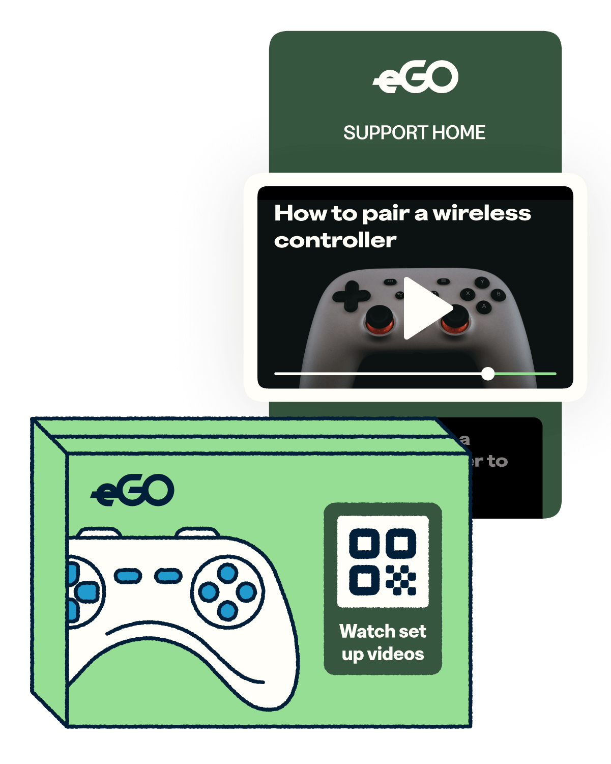 Video game box with QR code for instructions on how to pair controller