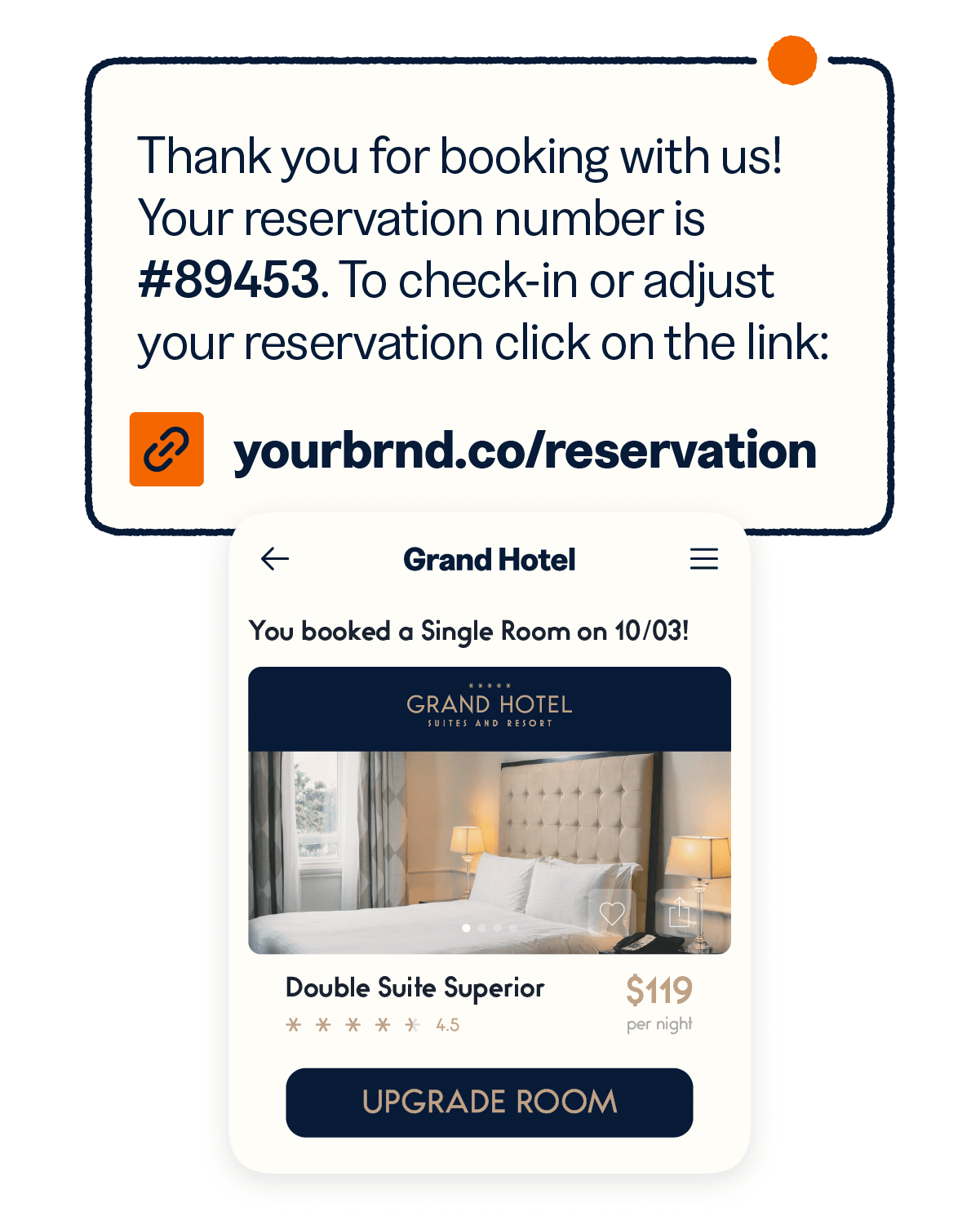 Text message with reservation update and short link