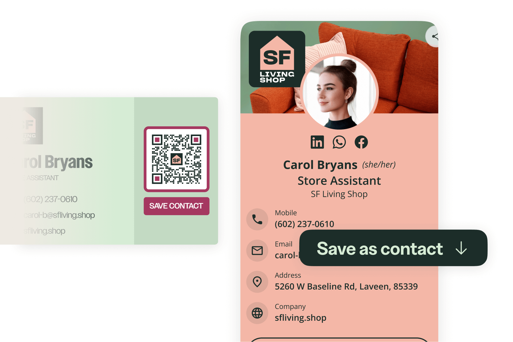Bitly digital business card example with callout to save as contact.