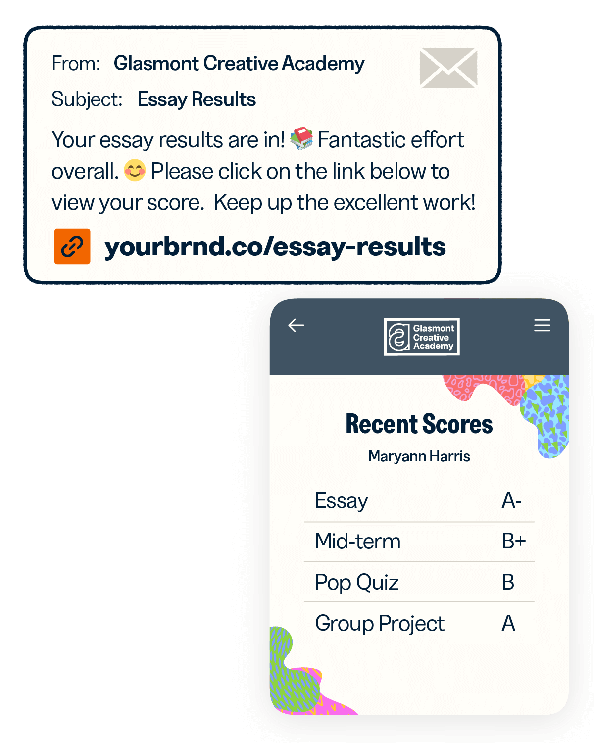 Email from an educational institution with a short link to access essay results and the recent scores landing page for a student