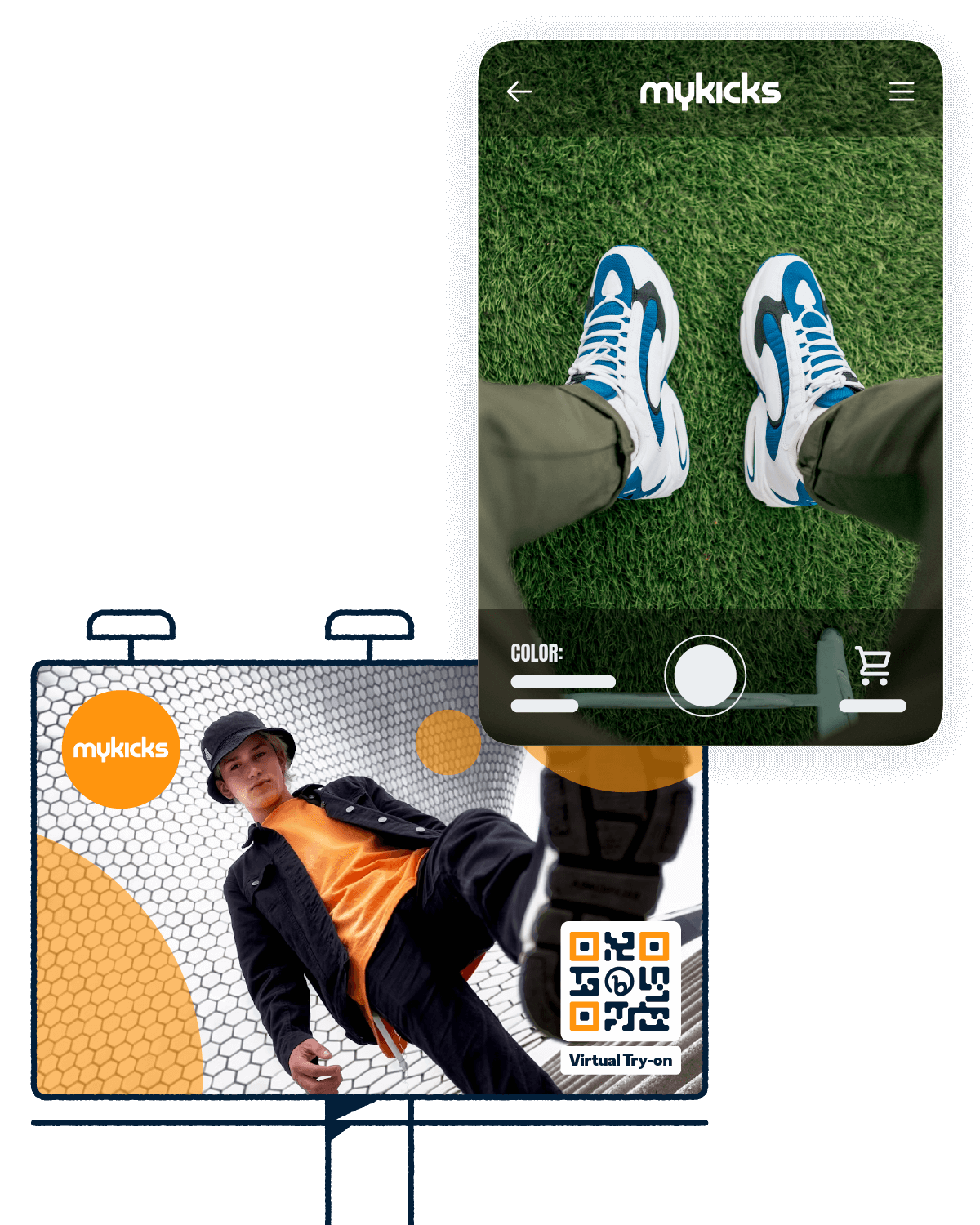 Shoe advertisement with a QR Code on a billboard and an example of the company's landing page after scanning