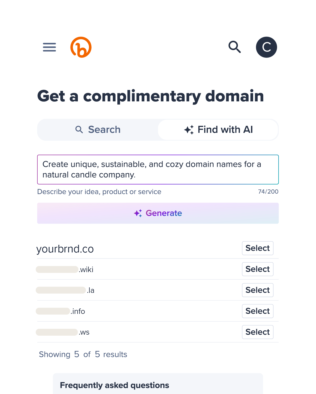 Product screenshot of Bitly find a domain with AI tool
