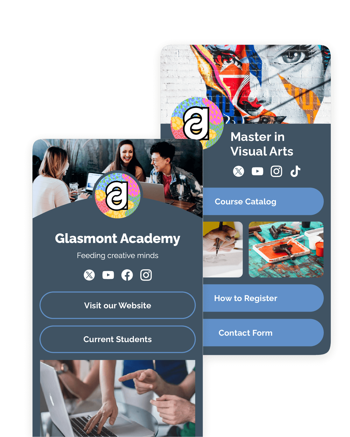 An educational institution's Link-in-bio page and Link-in-bio for master in visual arts info