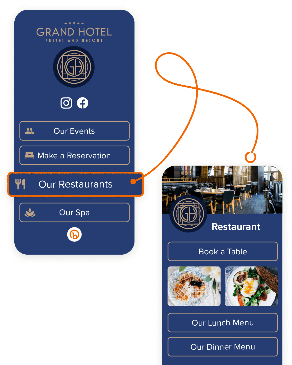 Link in bio page that links to a restaurant website