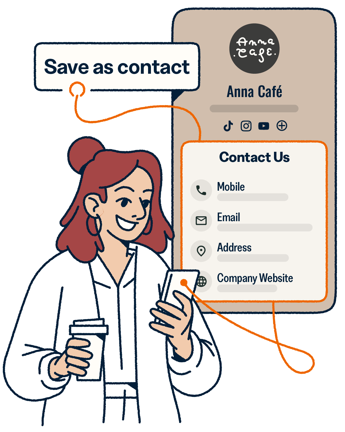 Woman drinking coffee and saving a Bitly digital business card as a contact on her phone.