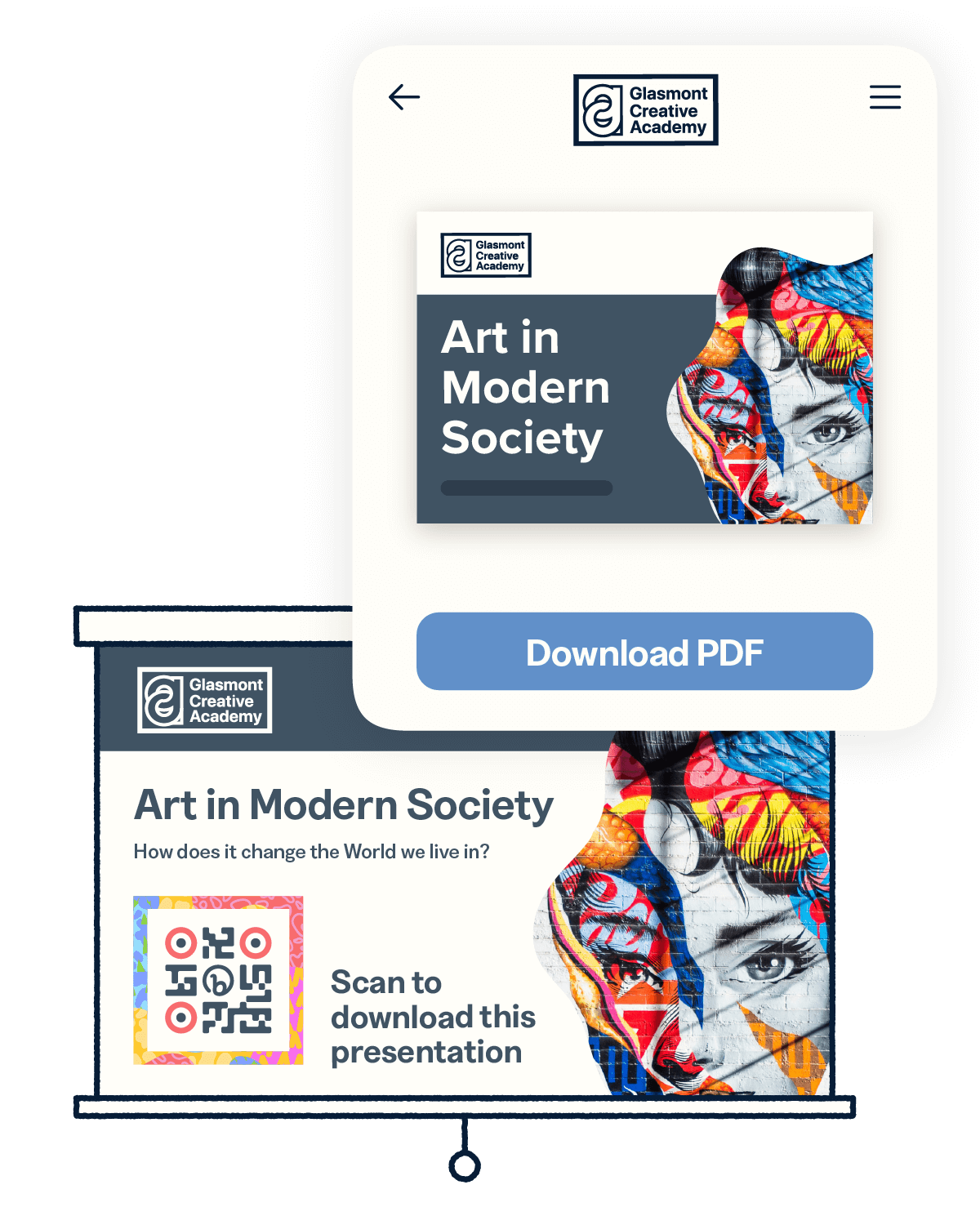 Presentation with a QR Code on a projector pull down and the linked Download PDF presentation landing page