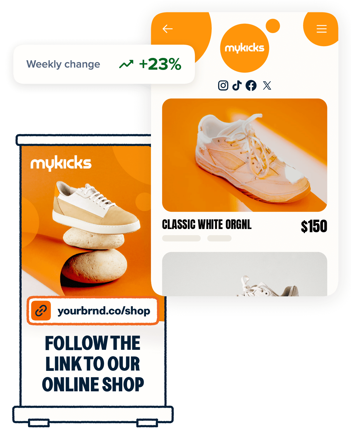 A company's banner for their online shop, a short link, and a weekly change statistic