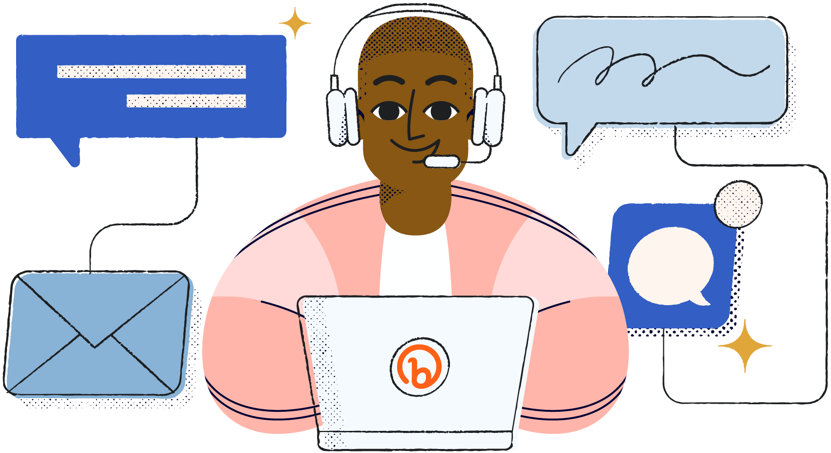 A smiling man wears headsets while he works on his Bitly logo laptop.