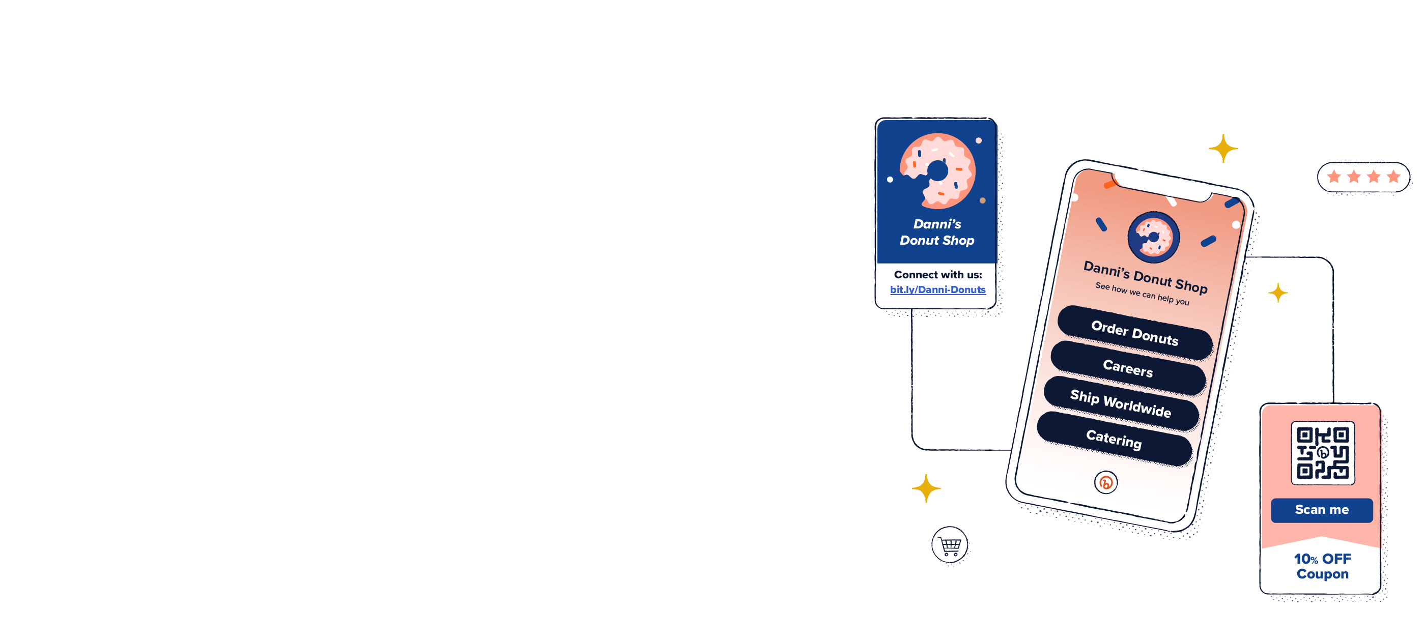 Danni's Donut Shop‘s Link-in-bio displays different buttons on a smartphone, along with a shortened Bitly link and a scannable QR Code with a 10% off coupon.