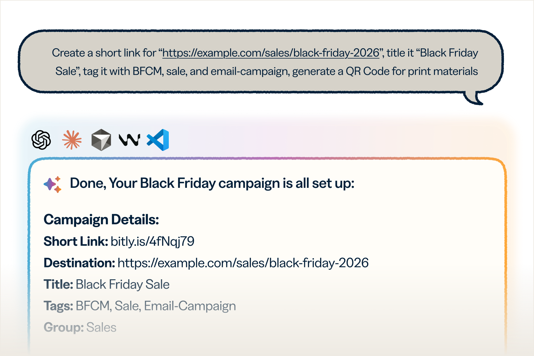 The Bitly tools marketers use every day—branded links, QR Codes, analytics, and bulk operations—are available through plain language prompts.
