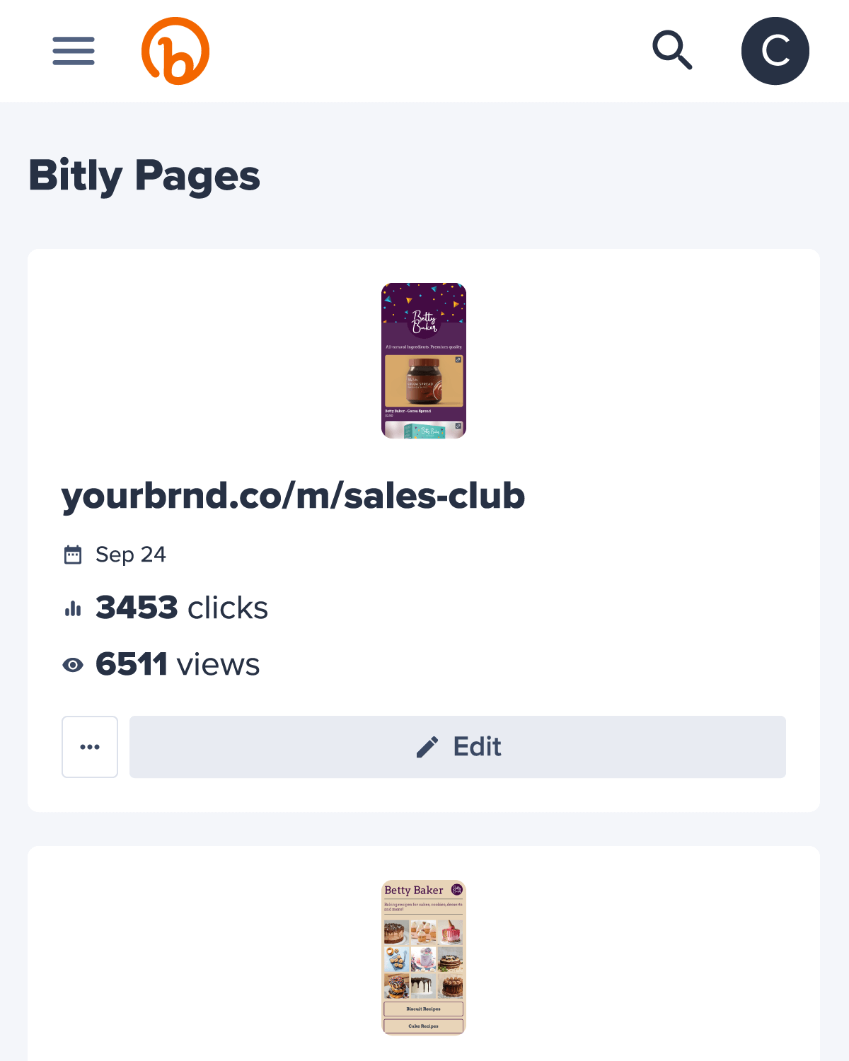 Pannello di controllo dell’amministratore di Bitly Pages