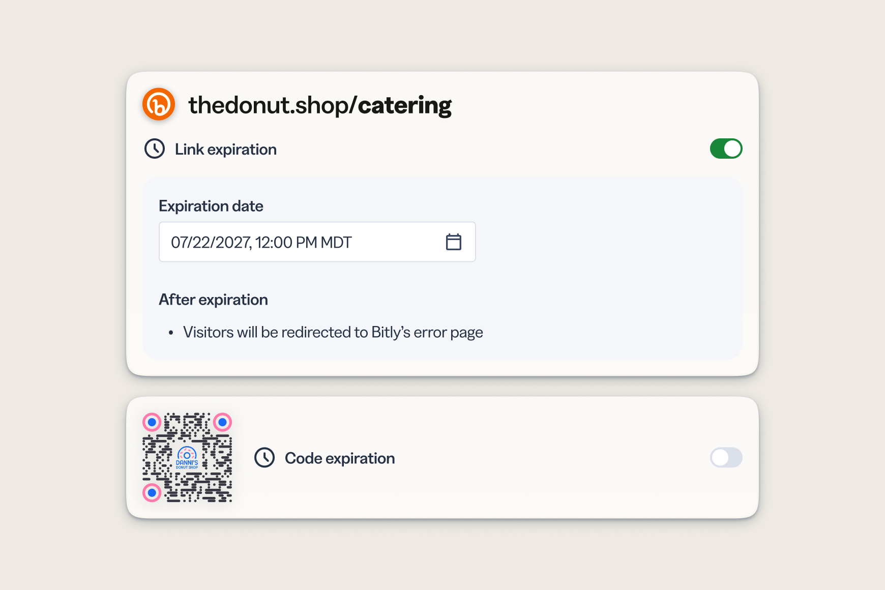 Time-limited campaigns shouldn't require manual cleanup. Set an expiration date on any link or QR Code and automatically redirect traffic to a fallback page once the campaign window closes.
