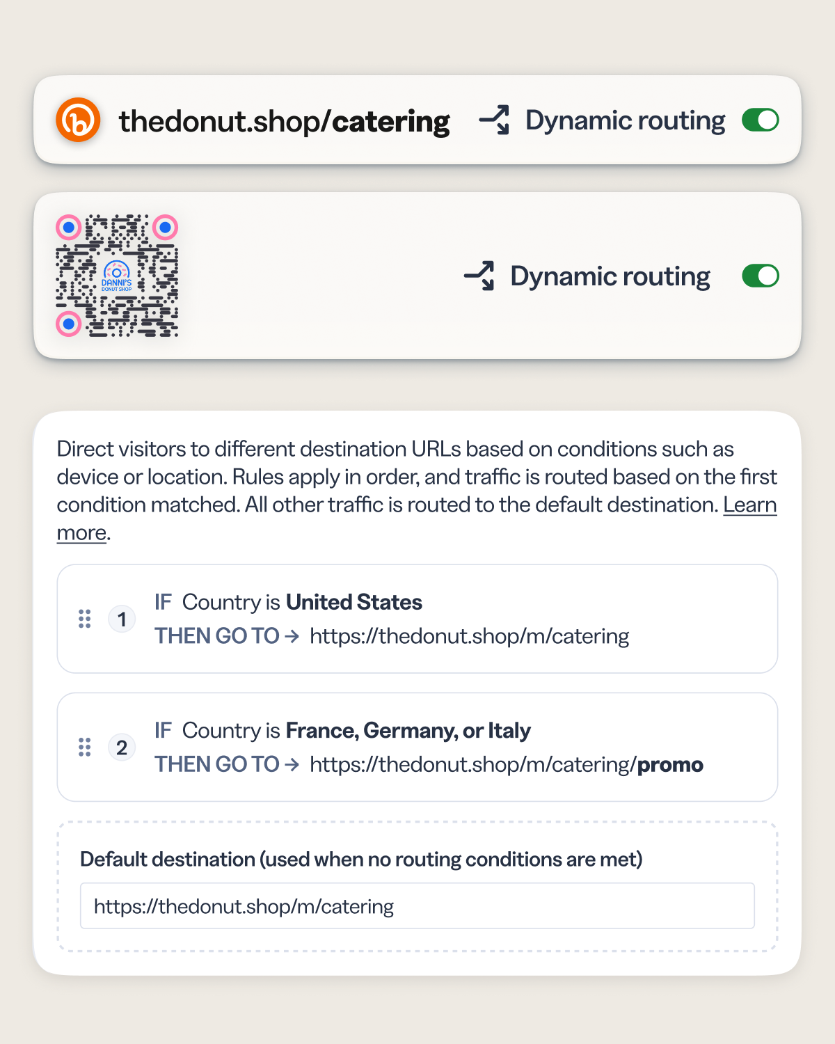 Target by country or region and deliver localized landing pages, local language experiences, and market-specific offers—all from a single short link or QR Code.