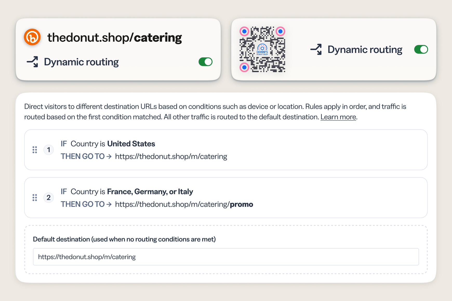 Target by country or region and deliver localized landing pages, local language experiences, and market-specific offers—all from a single short link or QR Code.
