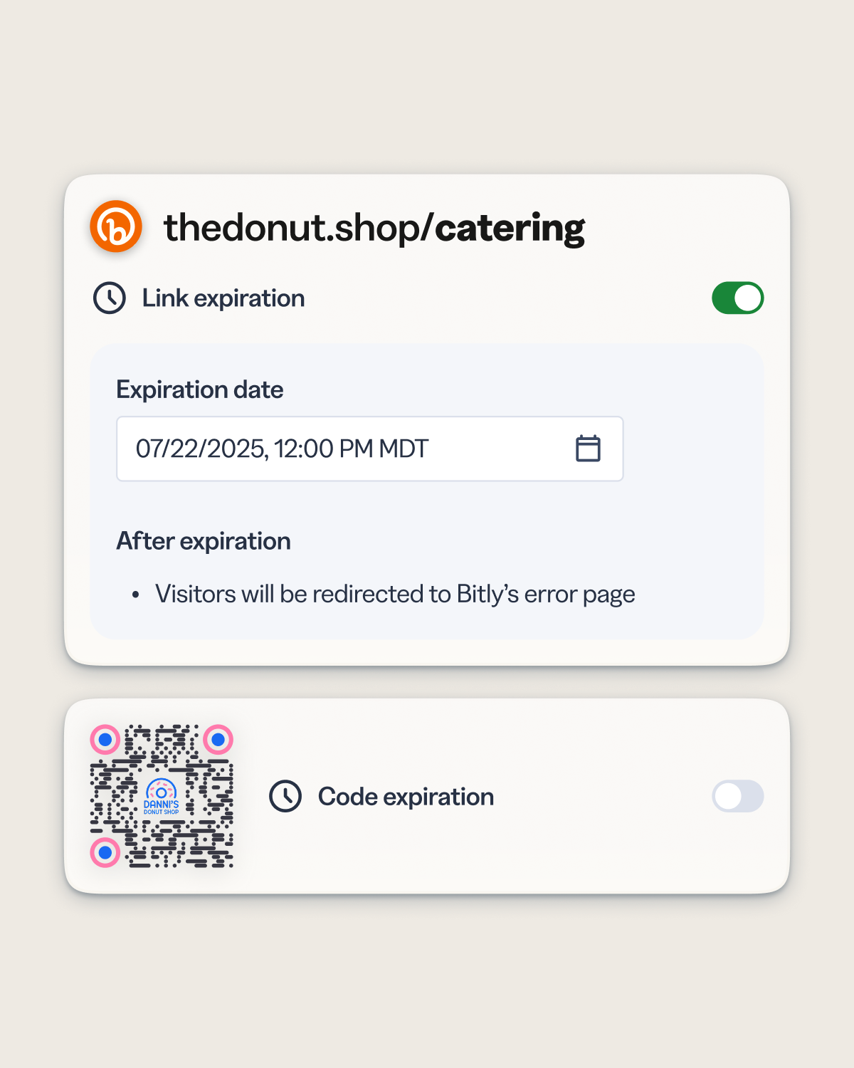 Time-limited campaigns shouldn't require manual cleanup. Set an expiration date on any link or QR Code and automatically redirect traffic to a fallback page once the campaign window closes.