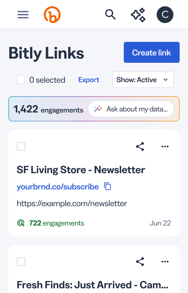 Bitly डैशबोर्ड