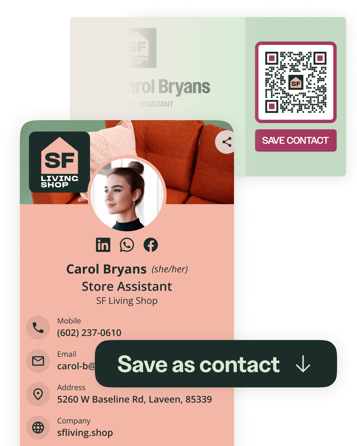 Bitly digital business card example with callout to save as contact.